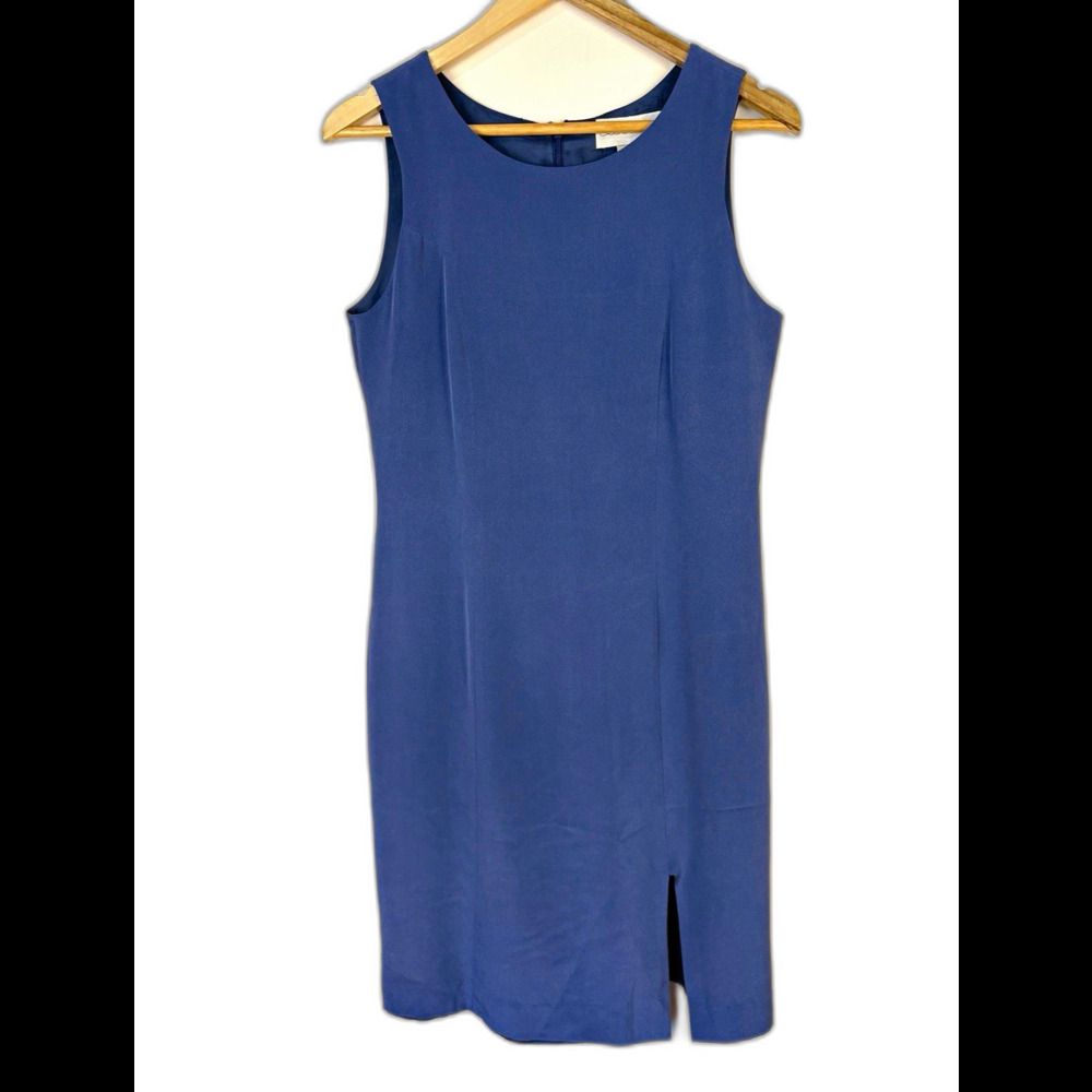 Vintage Blue 100% Silk Sheath Dress Sleeveless Scoop Neck Lined Size 4